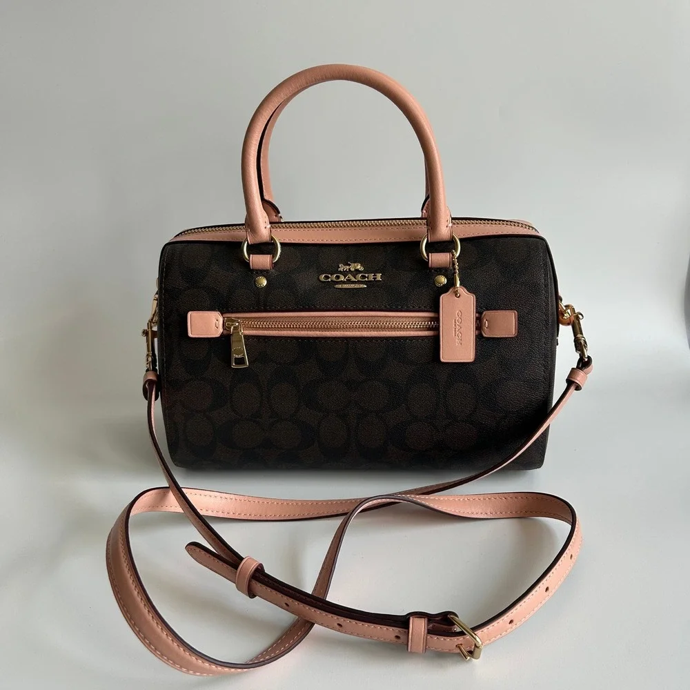 Coach Rowan Satchel Brown Pink Signature Canvas Leather Bag J2198-83607